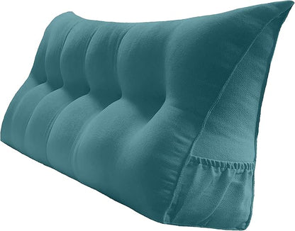 Triangular Reading Bed Rest Pillow Large Bolster Cushion Headboard Backrest Wedge Pillow with Removable Cover and Two Large Side Pockets (Teal Blue, Queen: 59 x 8 x 20 inches)