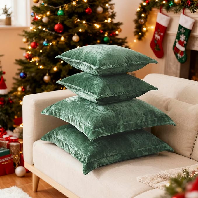 Luxurious Velvet Euro Shams Decorative Throw Pillow Covers 26x26 Set of 2 Solid Square Euro Pillow Shams for Sofa Couch Bedroom, Green