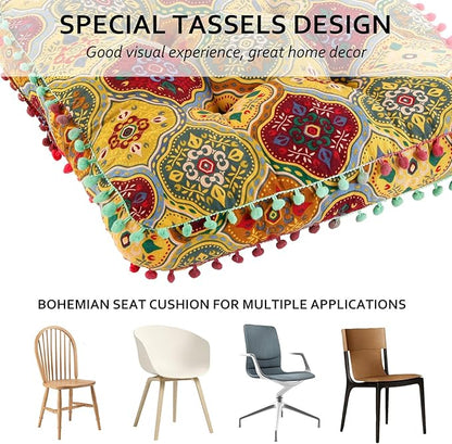 Bohemian Seat Cushion，Indoor & Outdoor 16.5" x 16.5" Seating Cushion for Dinning Chairs, Decorative with Tassels(2Pcs,Yellow)
