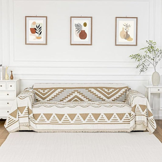 MYSKY HOME Sectional Couch Cover Khaki Boho Geometric Sofa Covers for Sectional Sofa L Shape Chenille Couch Protector for Dogs Pets Couch Throw Cover Washable Durable for Home Decor, 71" X118"