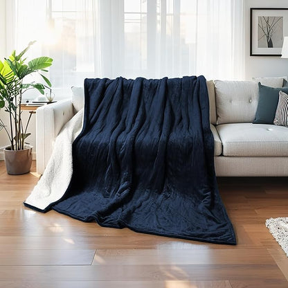 Heated Electric Blanket Throw Size 50"x60" Thickened Flannel and Sherpa Heated Blanket,3 Hours Timer Auto-Off & 5 Heating Levels,for Bedroom Office Couch-Navy Blue
