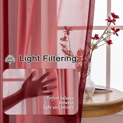 MAIHER Red Pleated Sheer Curtains 90 Inch Length for Bedroom Soft Touch Light Filtering Lightweight Pinched Pleated Drapes with Adjustable Hooks for Living Room, Burgundy, 42" W x 90" L, 2 Panels