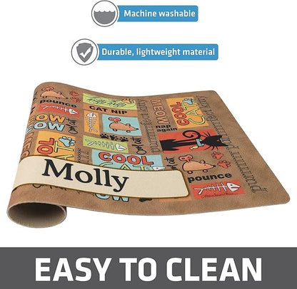 Drymate Personalized Pet Bowl Placemat, Custom Dog & Cat Food Feeding Mat - Absorbent Fabric, Waterproof Backing - Machine Washable/Durable (USA Made) (12" x 20") (Cool Cat - Brown)