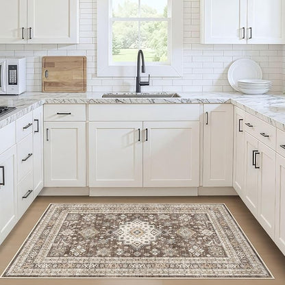 Vintage Living Room Area Rug 3x5 - Large Soft Washable Oriental Traditional Distressed Farmhouse Rugs for Bedroom - Indoor Floor Accent Carpet for Home Office House Decor - Dark Brown