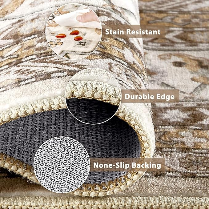 Vintage Hallway Runner Rug 3x14: Large Soft Washable Entryway for Kitchen Laundry Room Non-Slip Backing Runner for Entrance Living Room Bedroom Bathroom - Beige