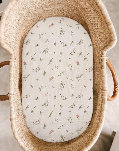 Bassinet Sheet for Baby Boy Girl 2 Pack, Fitted Sheets for Rectangle, Oval, Hourglass Bassinet Mattress, Muslin Moses Basket Sheets (Petal Leaf & Pink, Bassinet Sheet)