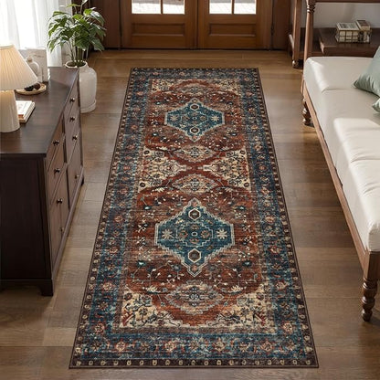 Tangsoo Oriental 2x6 Washable Runner Rug for Hallways, Non Slip Vintage Runner Rug, Soft Low Pile Long Rug Runner, Print Carpet Runners for Kitchen Bedroom Entryway Bathroom Living Room Rust