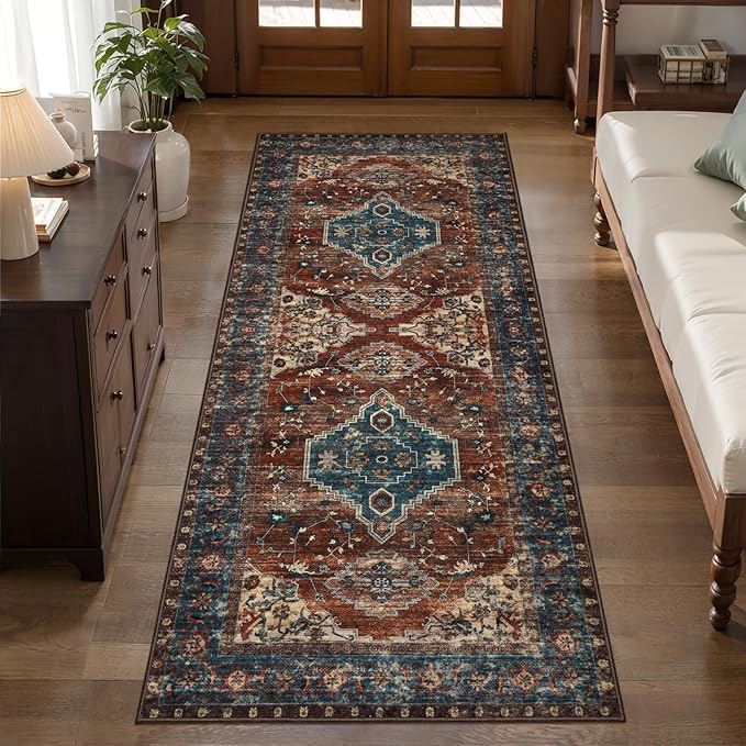 Tangsoo 2.6x8 Washable Runner Rug for Hallways, Non Slip Vintage Runner Rug, Soft Low Pile Long Rug Runner, Print Distressed Carpet Runners for Kitchen Bedroom Entryway Bathroom Living Room