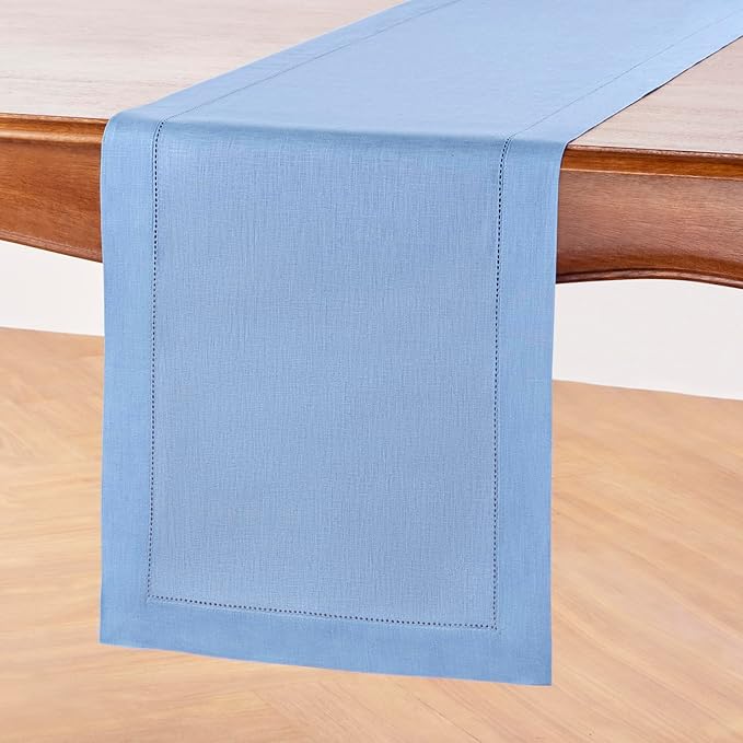 Solino Home Linen Cornflower Blue Table Runner 108 Inches Long - 100% Pure Linen Hemstitch 14 x 108 Inch Table Runner for Dining, Christmas, Holiday, New Year - Classic Hemstitch
