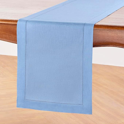 Solino Home Linen Cornflower Blue Table Runner 108 Inches Long - 100% Pure Linen Hemstitch 14 x 108 Inch Table Runner for Dining, Christmas, Holiday, New Year - Classic Hemstitch