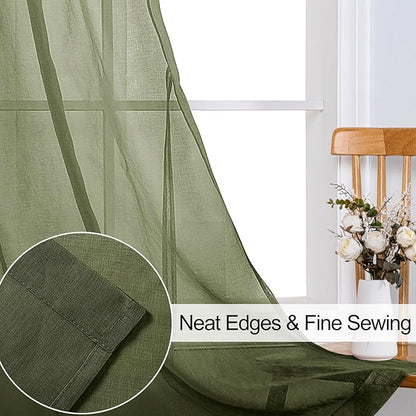 XWZO Sheer Curtains 84 Inches Length 2 Panels for Bedroom, Grommet Light Filtering Semi Transparent Voile Window Curtains for Living Room, Basement with Tiebacks, Olive Green, 52 x 84 Inches Long