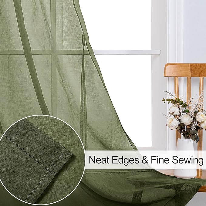 XWZO Sheer Curtains 95 Inches Long for Living Room with Tiebacks, Soft & Lightweight Grommet Voile Window Curtains for Bedroom, Kitchen, Basement, Olive Green, Set of 2 Panels, 52 x 95 Inches Long