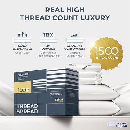THREAD SPREAD 100% Egyptian Cotton Split King Sheets Sets for Adjustable Bed - Luxury 1500 Thread Count Split Top King Sheets (5 PC, White), Silky Soft, Cooling, Sateen Weave 17" Deep Pocket Sheet Set