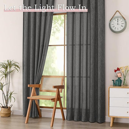 Simplebrand Grey Faux Linen Textured Curtains 63 Inch Length 2 Panels for Bedroom, Semi Sheer Light Filtering Privacy Farmhouse Curtains, Soft Thick Rod Pocket Window Drapes, 40W x 63L Inch