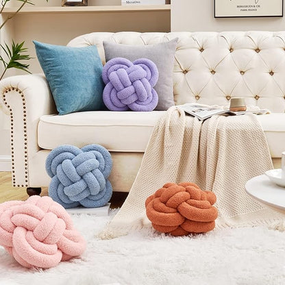 Xiashrk Knot Pillow Ball, 12" Soft Decorative Throw Pillows for Couch Bed, Blue Knotted Plush Throw Pillow Handmade Square Cushion Home Couch Decor Pillows for Living Room