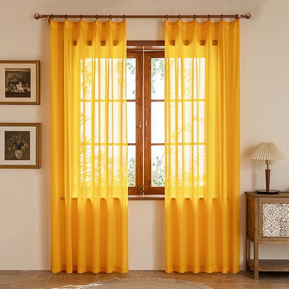 MAIHER Pinch Pleat Sheer Gold Curtains 84 Inches Long for Bedroom Light Filtering Soft Touch Lightweight Golden Yellow Pleated Drapes with Adjustable Hooks(No Rings), Gold, 42" W x 84" L, 2 Panels