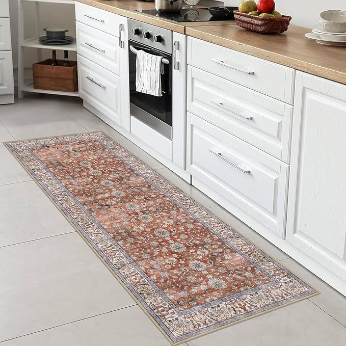 KUTA Runners for Hallways 2x6, Vintage Floral Rug Non-Slip Washable Kitchen Rugs Terracotta Ultra Thin Soft Printed Retro Distressed Flower Carpet Entryway Rugs for Bedroom Laundry Nursery