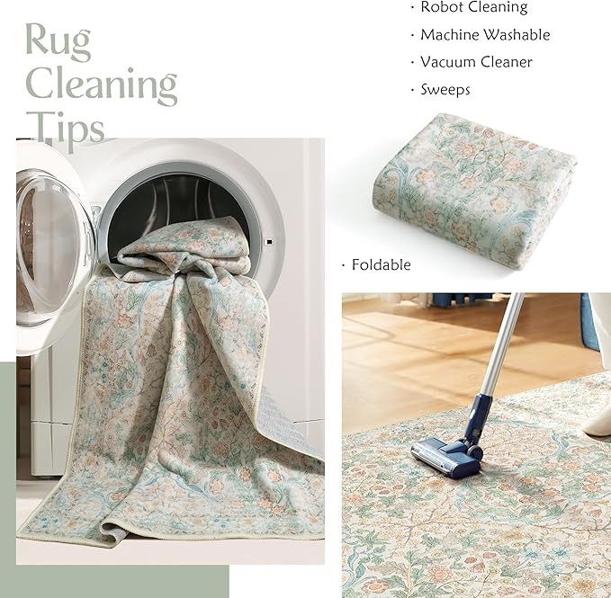 MUJOO 8x10 Area Rugs,Floral Washable Rugs for Living Room Dining Room Bedroom,Large Throw Carpet,Boho Non Slip Indoor Floor Big Soft Neutral Vintage Ultra-Thin Light Green and Beige