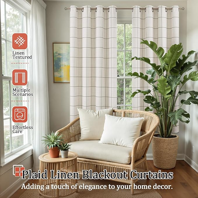 Linen Blackout Curtains for Bedroom - Boho Plaid Curtains Thermal Insulated, Pattern Printed Rustic Drapes Cottage Core Window Treatments for Farmhouse, 52x63 Inch 2 Panels, Dark Green