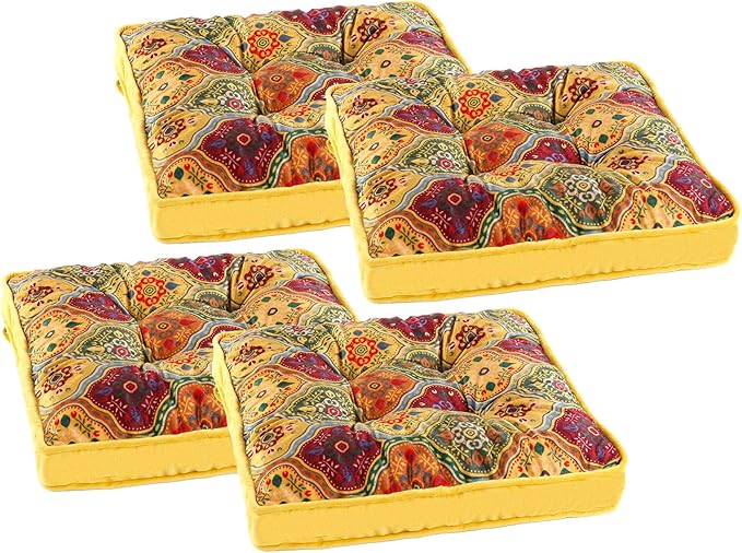 Bohemian Square Seat Cushions for Kitchen Dining Living Tea Room,16.5" x 16.5" Printing Chair Pads with Non-Slip Ties, 4Packs, Yellow