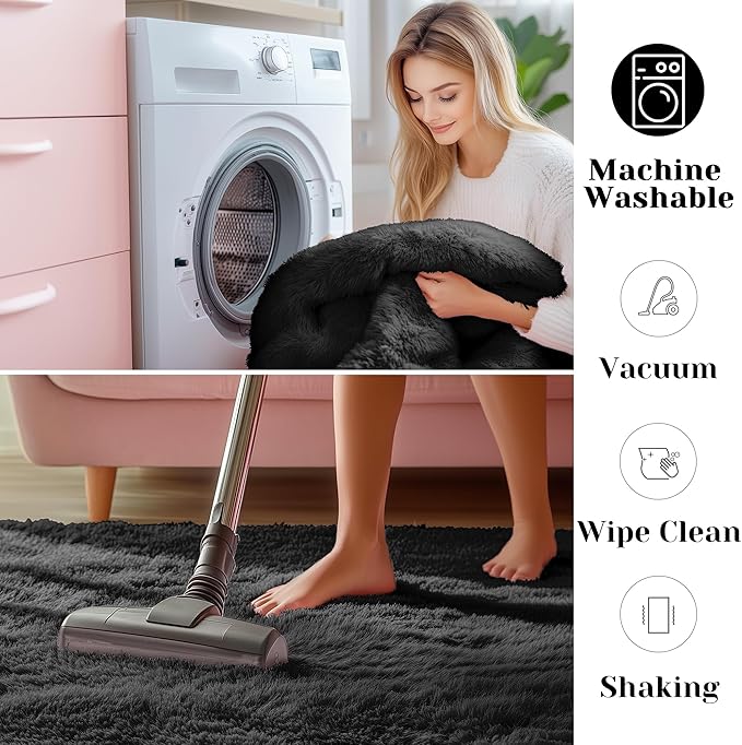 ONASAR Black 6x9 Area Rugs for Living Room Bedroom, Large Fluffy Washable Soft Plush Floor Big Indoor Shaggy Carpet for Kids Girls Boys Teen Dorm Home Nursery Playroom Decor Aesthetic
