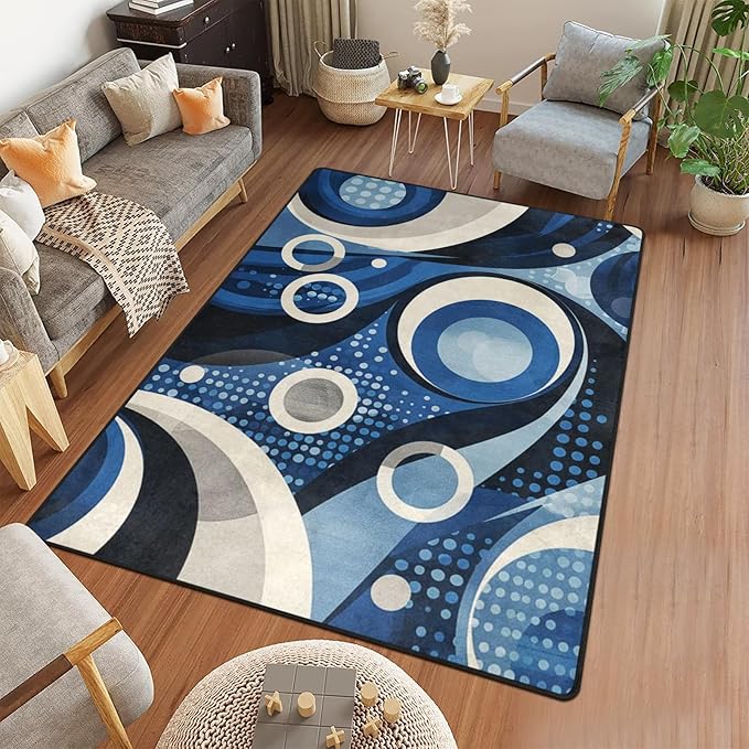 9CH Modern Wavy Circles Area Rug 7' X 5' Navy Blue Abstract Geometric Washable Rugs Non Slip Soft Modern Floor Carpet for Office Dining Room Home Decor