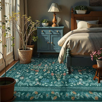 Lahome Floral Washable Area Rugs 8x10, Non-Slip Living Room Carpet Soft Tumble Washable Rugs for Bedroom Nursery, Vintage Botanical Print Carpet for Classroom Kids Room, Dark Green
