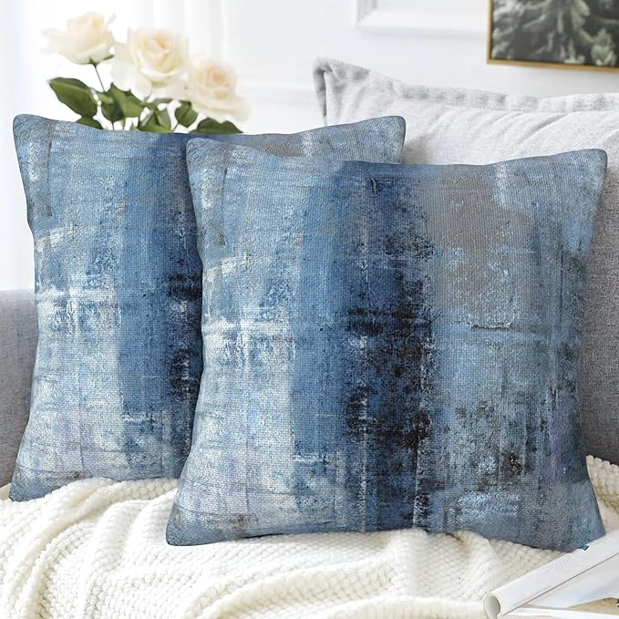 Throw Pillow Cover Case Blue and Grey Abstract Art Pillow Covers 18x18 Inch Set of 2,Soft Decorative Throw Pillow Case for Living Room Bedroom Sofa Couch Cushion Covers