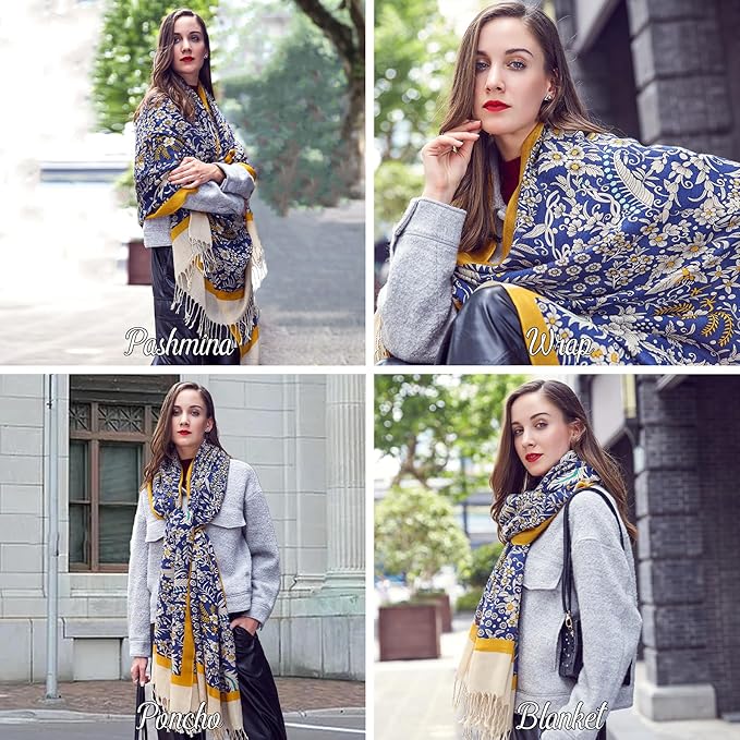 DANA XU 100% Merino Wool Pashmina Shawl for Women 96"x43", Oversized Cashmere Wrap with Tassels, Floral Travel Blanket Cape