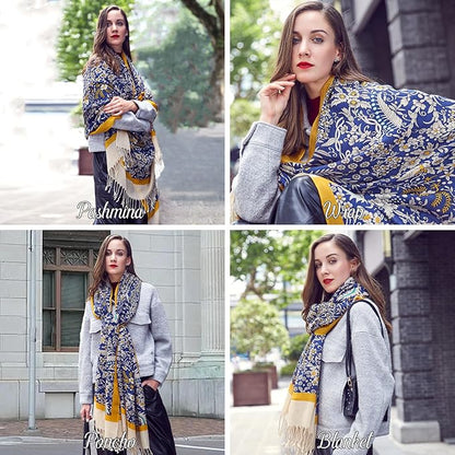 DANA XU 100% Merino Wool Pashmina Shawl for Women 96"x43", Oversized Cashmere Wrap with Tassels, Floral Travel Blanket Cape