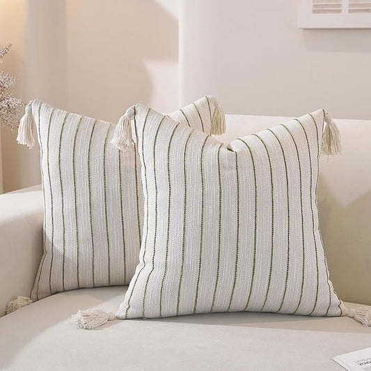 Boho Throw Pillow Covers 20x12 Inch Set of 2, Textured Linen Striped Lumbar Cushion Covers with Tassels, Soft & Cozy Farmhouse Decor Pillow Cases for Sofa, Couch, Bed, Living Room, Green