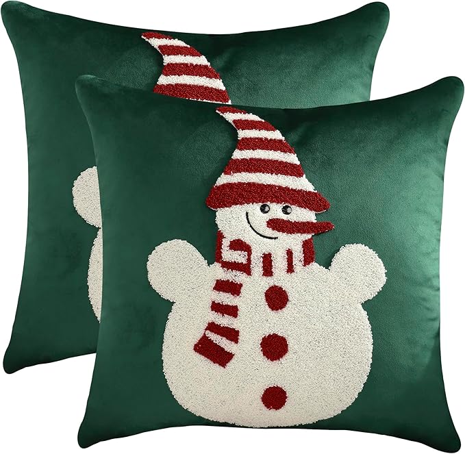 LUOYEHK Christmas Snowman Pillow Covers 18x18 Set of 2 Velvet Green Pillow Cases Winter Holiday Embroidered Cushion Covers for Couch Sofa Bed