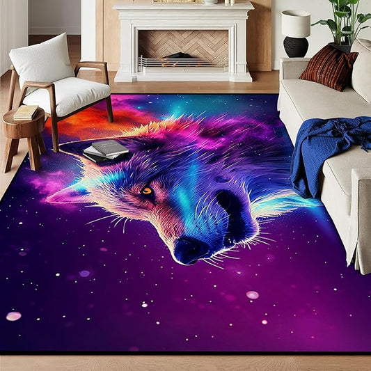 6' x 9' Galaxy Wolf Rug Large 3D Fierce Wolves Space Area Rugs for Bedroom Living Room Playroom Gameroom Boys Kids Colorful Glitter Throw Rugs Floor Mat Carpet,180 X 275cm