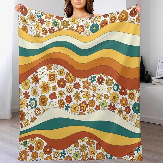 70s Retro Floral Throw Blanket, Boho Groovy Wavy Geometric Hippie Cute Flowers Yellow Orange Abstract Print Blanket for Holiday Theme Home Decor Bedding Couch and Gift 60"x80"