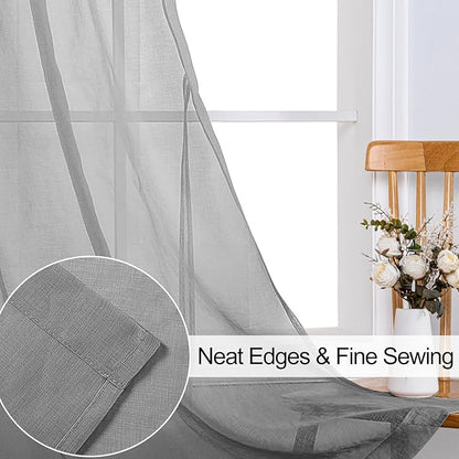 XWZO Grey Sheer Curtains 90 Inches Long for Bedroom, Faux Linen Light Filtering Voile Textured Grommet Window Curtains for Living Room/Office/Kids Room with Tiebacks, W52 x L90, Set of 2 Panels,Adult