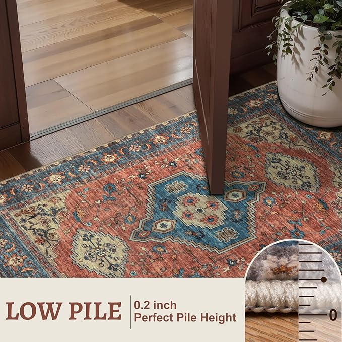 Tangsoo 3x5 Washable Rugs Oriental Area Rug, Vintage Non Slip Indoor Accent Rug, Print Distressed Terracotta Carpet, Soft Low Pile Rug for Living Room Dining Bedroom Bedside Entryway