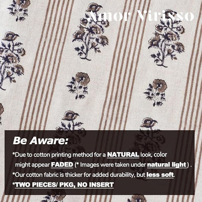 Amor Virisso Floral Throw Pillow Covers 24x24 Set of 2 Block Print Pillow Covers Neutral Floral Striped Farmhouse Decorative Pillow Covers for Sofa Couch Bed, Brown