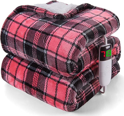 OCTROT Heated Blanket Electric, Twin Size 62X84, Heating Blanket with 10 Heating Levels & 8 Hours Auto Off, Pink Plaid Checkered Plaid Sherpa Blankets Warmer for Adults, Fast Heating Washable