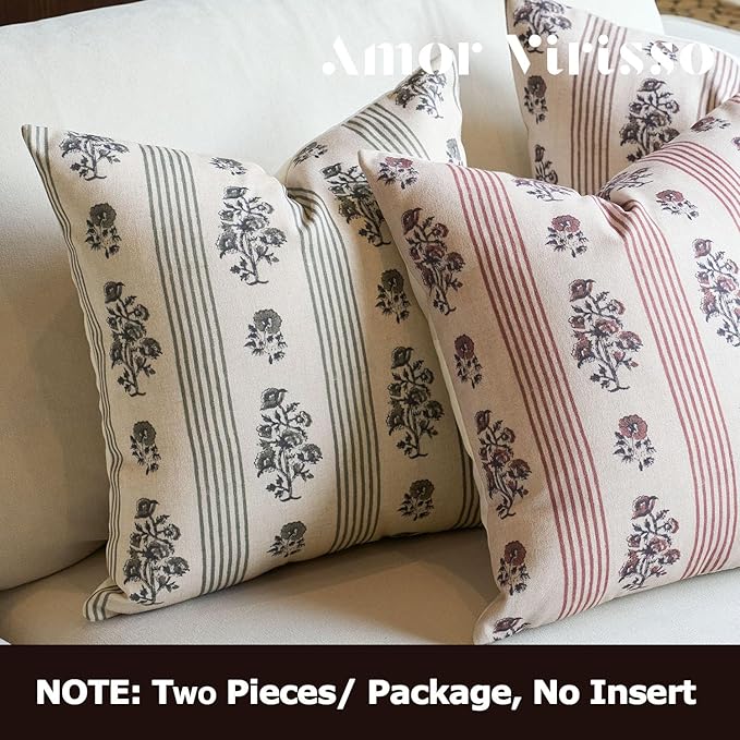 Amor Virisso Floral Throw Pillow Covers 24x24 Set of 2 Block Print Pillow Covers Neutral Floral Striped Farmhouse Decorative Pillow Covers for Sofa Couch Bed, Red