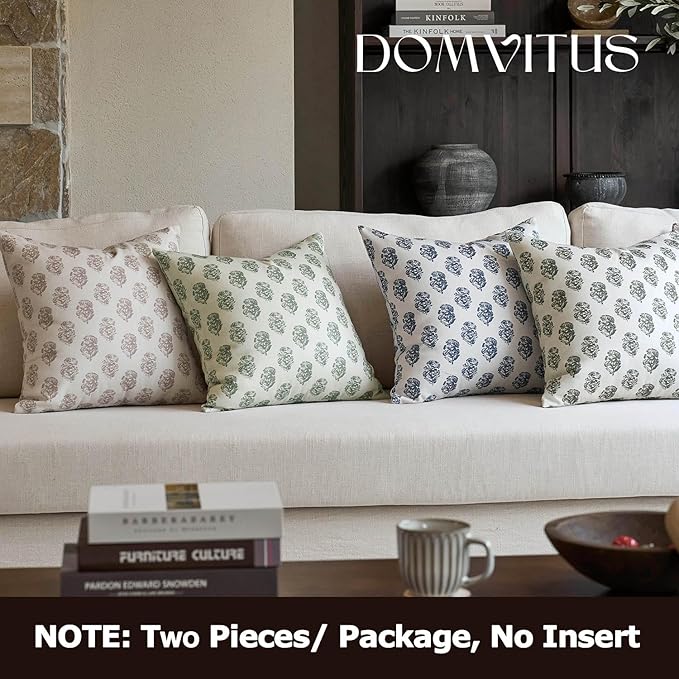 DOMVITUS Set of 2 Floral Pillow Covers 18x18, Block Print Pillow Covers Vintage Neutral Decorative Farmhouse Throw Pillow Covers for Couch Bed Living Room Dusty Blue