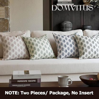 DOMVITUS Set of 2 Floral Pillow Covers 24x24, Block Print Pillow Covers Vintage Neutral Decorative Farmhouse Throw Pillow Covers for Couch Bed Living Room Dusty Blue