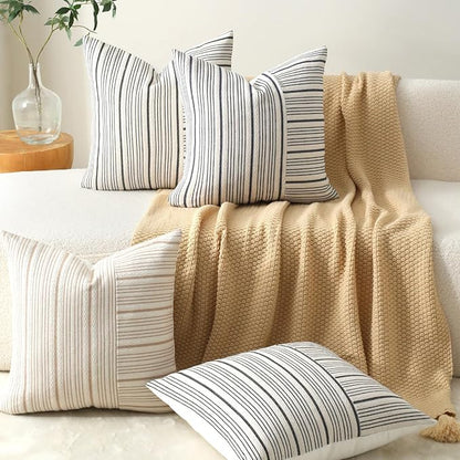 DWR Striped 3D Textured Weave Throw Pillow Covers 20x20 Set of 2, Polyester Cotton Blend in Khaki, Modern Farmhouse Decorative Pillow Cases for Couch Sofa Bed Living Room