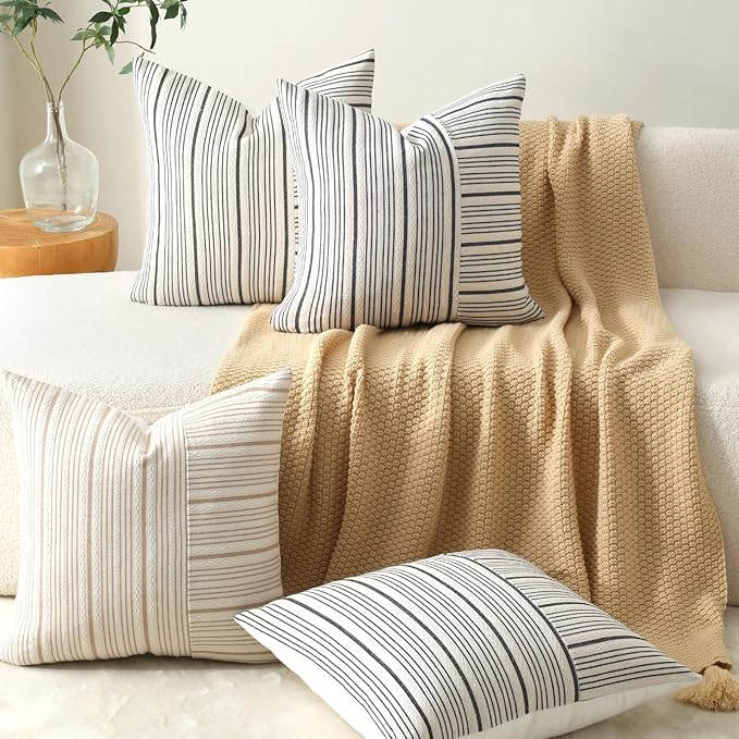 DWR Striped 3D Textured Weave Throw Pillow Covers 18x18 Set of 2, Polyester Cotton Blend in Black, Modern Farmhouse Decorative Pillow Cases for Couch Sofa Bed Living Room