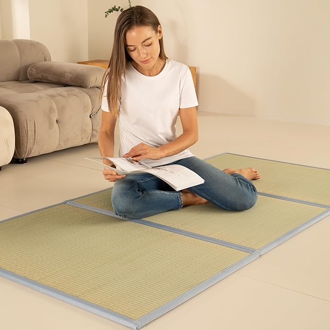 MustMat Tatami Mat Japanese Futon Mattress Portable Tatami Mattress Foldable Bed Frame Rush Grass (Twin XL)