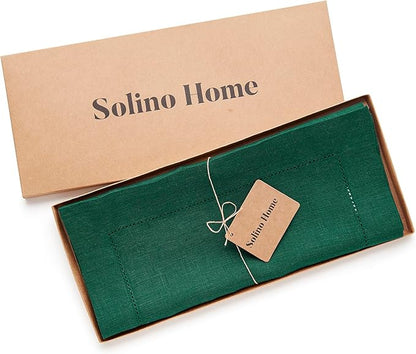 Solino Home Linen Rainforest Green Hemstitch Table Runner 36 Inches - 100% Pure Linen Small Table Runner 14 x 36 Inch Ideal for Dresser and Coffee Tables - Classic Hemstitch - Christmas, New Year