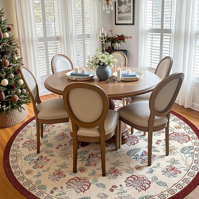 jinchan Elora 8ft Floral Round Rug for Washable Living Room Rug Vintage Romance Christmas Design Non Slip Indoor Floor Cover Lightweight Low-Profile Throw Carpet for Bedroom Porch, Red/Beige