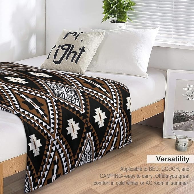 Rustic Western Throw Blanket, Southwestern Bohemian Ethnic Style Native Aztec Pattern Flannel Blanket for Sofa Bed, All Seasons 50"x60"