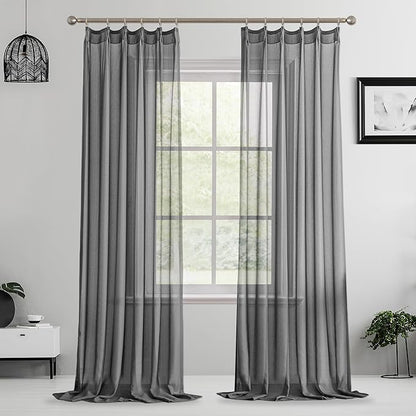 MAIHER Grey Pinch Pleat 144 Inch Curtains Extra Long Sheer 12ft Curtains for Living Room Soft Touch Light Filtering Pleated Drapes with Ajustable Hooks, Grey, 42" W x 144" L, 2 Panels
