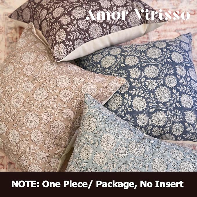 Amor Virisso Floral Pillow Covers 24x24 Throw Pillow Covers Vintage Block Print Pillow Cover Neutral Couch Pillows for Living Room Farmhouse Decorative Accent Sofa Pillows, Light Camel