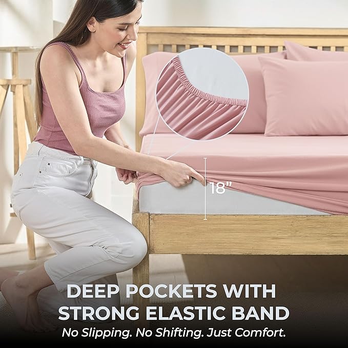 100% Natural Cotton Sheets Queen Size Bed Set | 500 TC Single-Ply Sateen Weave | Soft, Breathable, Hypoallergenic Solid 4-Piece Bedding with Deep Pocket Fitted, Flat, Pillowcase | Blush